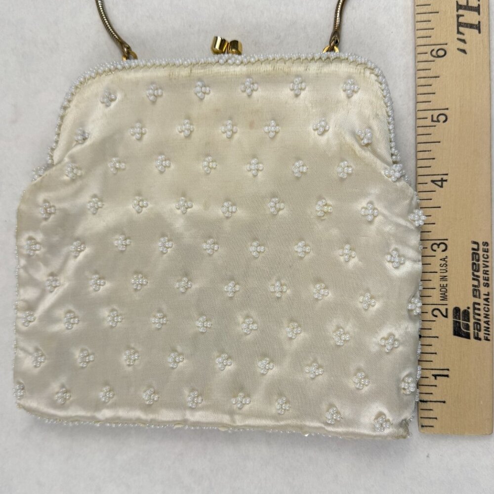 Vintage Womens White Beaded Geometric Floral Evening Bag Small Clutch Purse HK - Picture 12 of 12